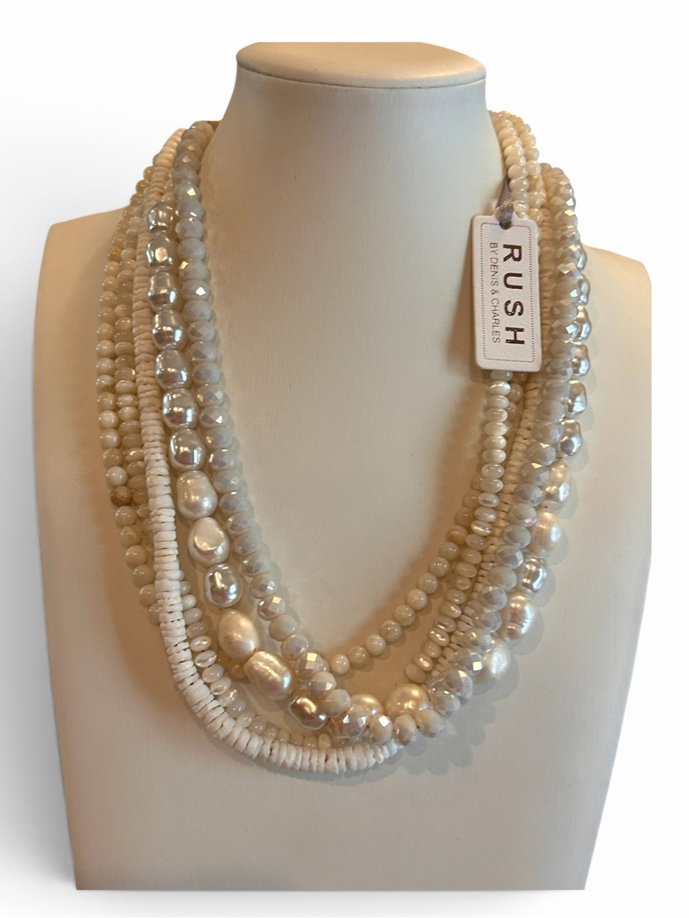 RUSH Multi-Strand White Pearl & Bead Necklace